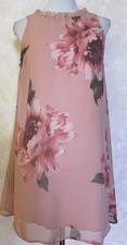 Way-In Floral Shift Dress Mini Sz M Pink High Neck Ruffles Sleeveless Boho Chic