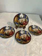 Set of 4 Ceramic Snack Plates Fruit & Cheese Design Pottery Wine Glass Holder