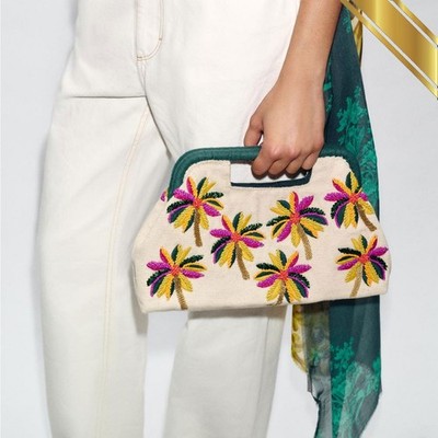 Zara Beaded Printed Pouch Bag Clutch Design Women Handbag Ivory - NWT Original