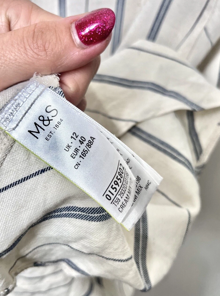 OFF WHITE Abito midi M&S COLLEZIONE bianco a righe misto lino misto crema taglia UK 12