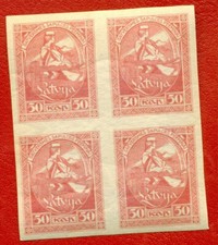 LATVIA 50 KOPEKS 1920 BLOCK OF 4 IMPERF. STAMPS SC 70a MNH 994
