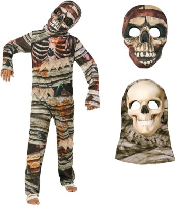 Kids Mummy Costume + 2 Masks Boys Girls Scary Egyptian Halloween Jumpsuit S - XL