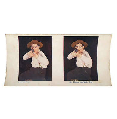 Stereoview Hitting The Bull's Eye A Man Aims A Rifle Stereograph Vintage