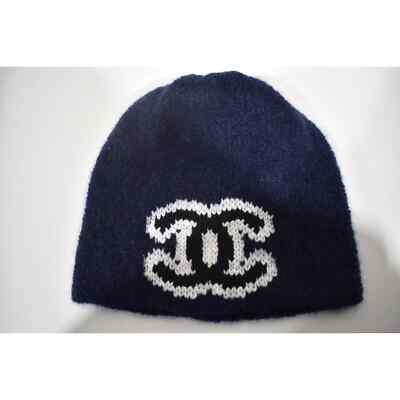 Chanel 22B Wool Cashmere Navy Blue White Black CC Logo Beanie
