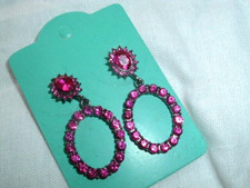 Pink Rhinestone Dangle Hoop Pierced Earrings New w Tag