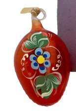 Clear Red Blown Glass Egg Shape Ornament Austria Hand Painted Flowers 2.5"