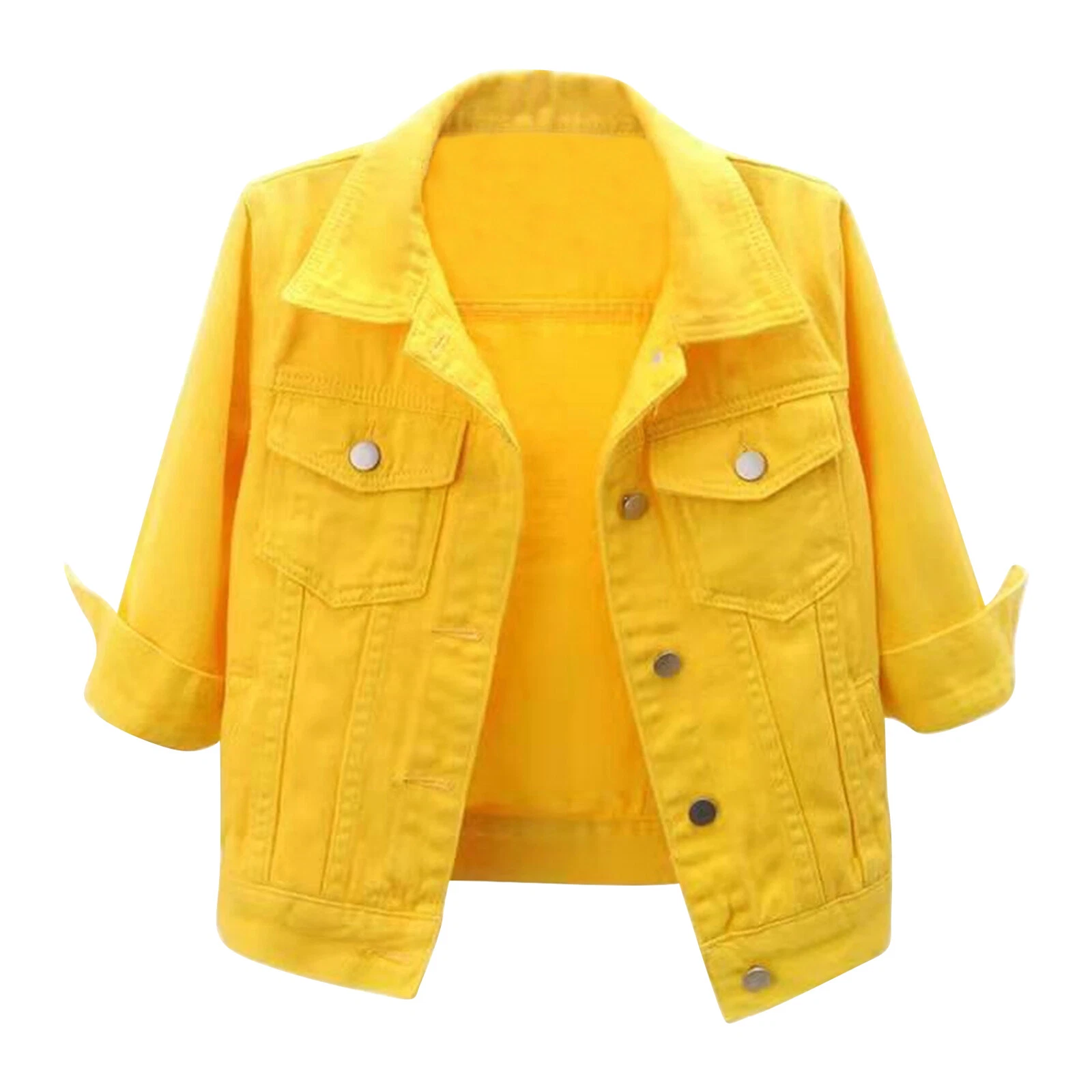 US Womens 3/4 Sleeve Denim Jacket Casual Button Turn-Down Jean Coat with Pockets