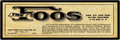 1912 Foos Gas Engines New Metal Sign, 12'' x 36'' USA STEEL XL Size - 4#