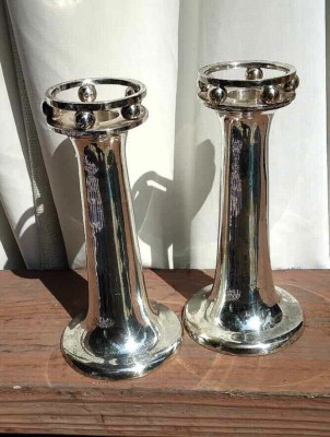 Gorgeous Pair of Silver Plated MCM Atomic Ball Candle Holders