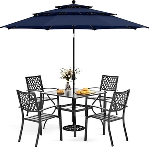 6 Piece Patio Dining Set Outdoor Patio Table and Chairs with Umbrella,Navy Blue