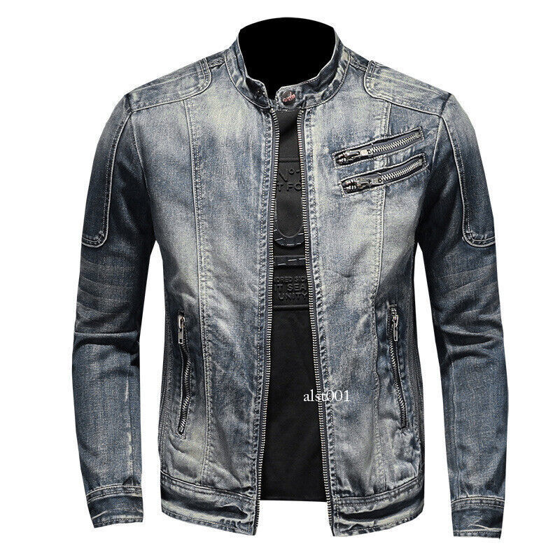 Mens Denim Biker Jacket Slim Stand-Up Collar Zipper Motorcycle