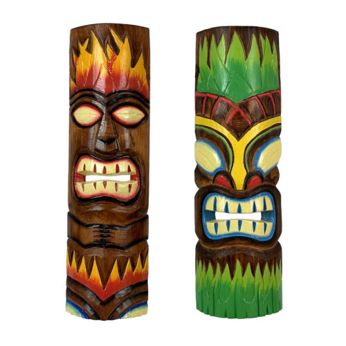 Fire and Earth Hand Crafted Wooden Tiki Totem Wall Masks 20 Inch Set of 2 - Afbeelding 1 van 5