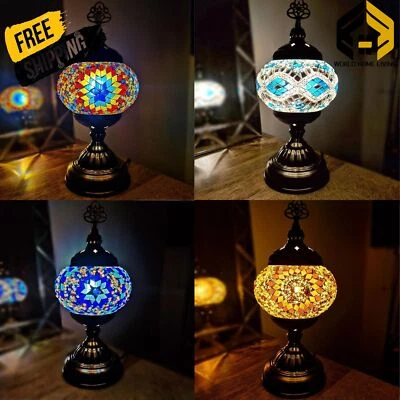 WORLD HOME LIVING Turkish Moroccan Bronze Table Lamp Colorful Mosaic Glass Desk Light + Free Bulb