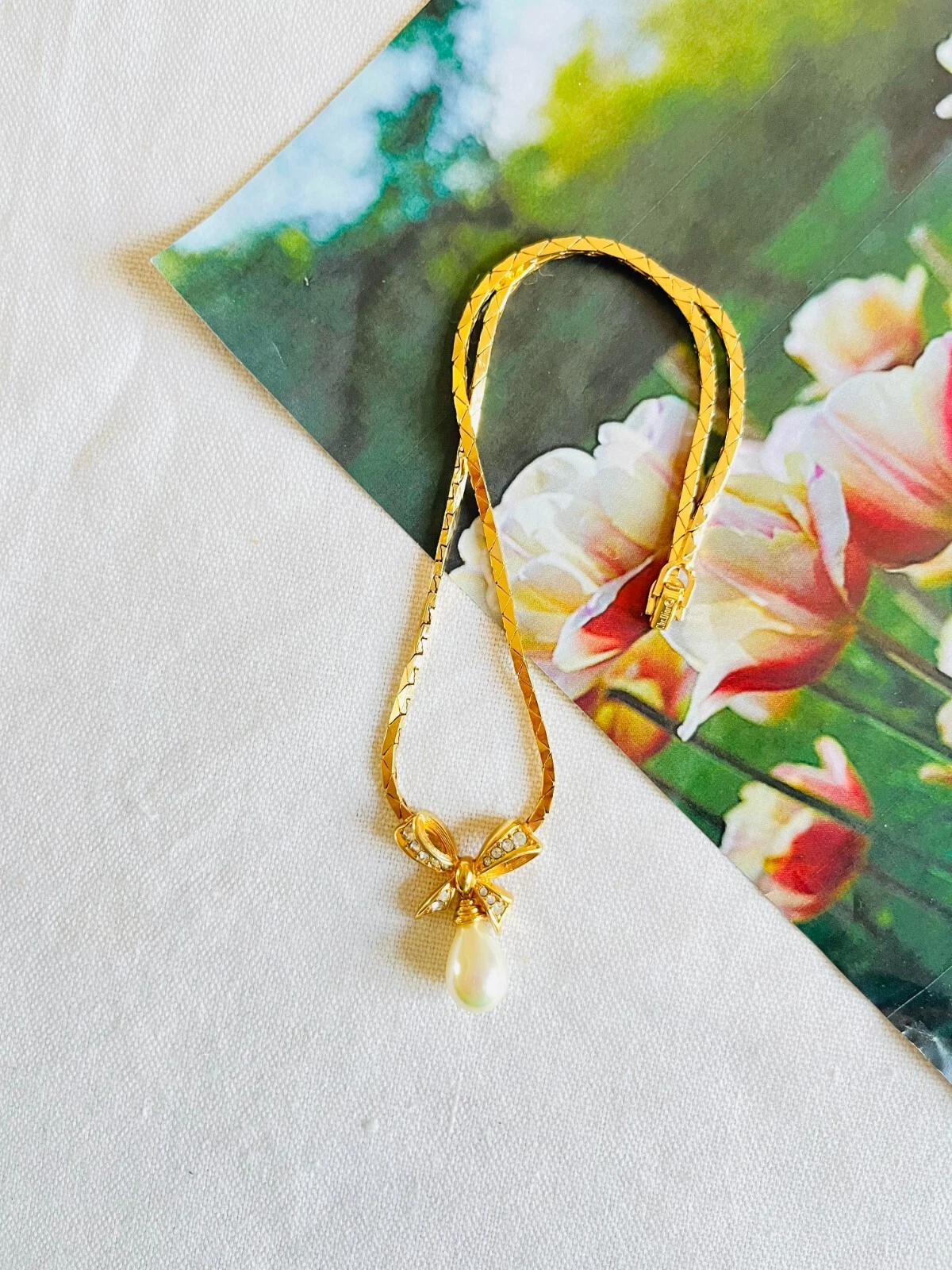 Collana Christian Dior vintage anni 80 cristalli fiocco perle lacrima pendente oro