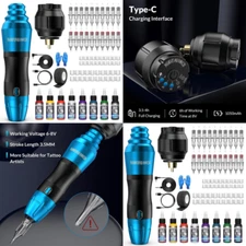 Tattoo Pen Machine Kit Needles Cartridge Ink Wireless Rotary Gun Power Supply