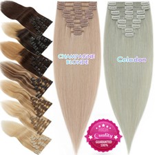Clip In Hair Extensions Full Head 100 Remy Human Hair 7-8pcs Champagne Blonde M