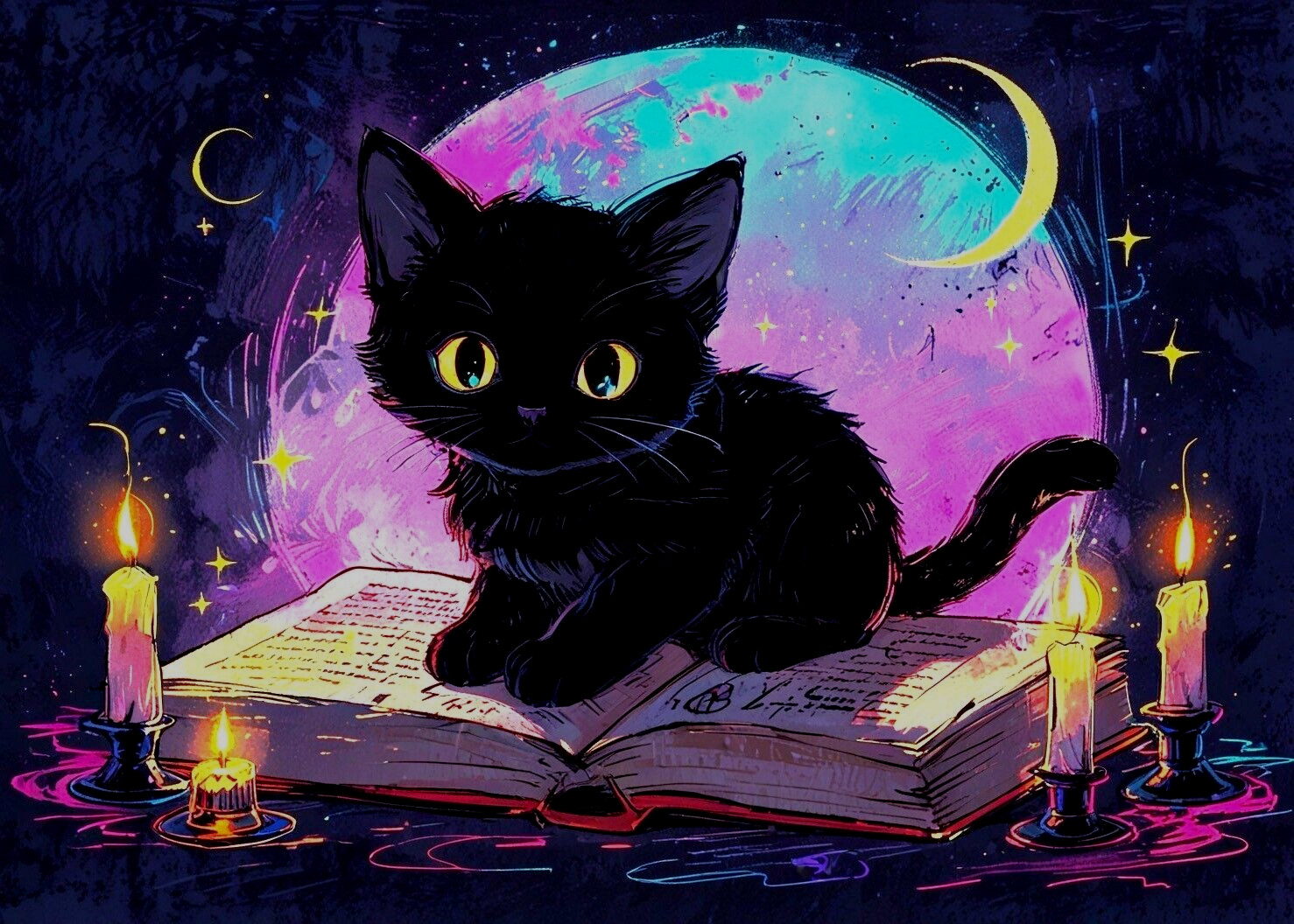 ACEO Mini *Art Print* Black Cat Baby Kitten Halloween Magic &Candles by Saulite