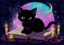 ACEO Mini *Art Print* Black Cat Baby Kitten Halloween Magic &Candles by Saulite