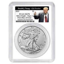 2021 $1 Type 2 American Silver Eagle PCGS MS70 FDOI Trump 45th President Label