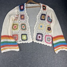 Women  s Granny Square Open Front Cardigan SZ L Crochet Patchwork Boho Sweater