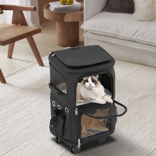 2-Tier Rolling Pet Carrier for Dogs and Cats Holds 22 lbs Double Compartment Trolley Bag