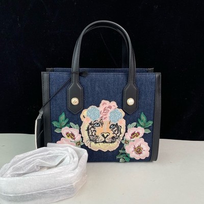 Gucci Tiger Floral Embroidered Denim Tote Bag with Leather Handle [Duties Paid]