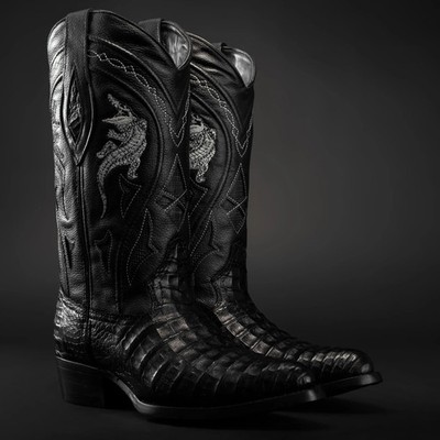 Genuine Exotic Alligator Crocodile Caiman Belly J-Toe Western Cowboy Boots-Black