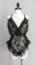 Vtg Blk Sheer Lace Ruffle Lingerie Teddy Bodysuit VAL MODE