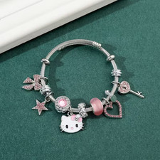 Sanrio Hello Kitty Silver Plated Pink Rhinestone Multi-Dangling Charm Bracelet
