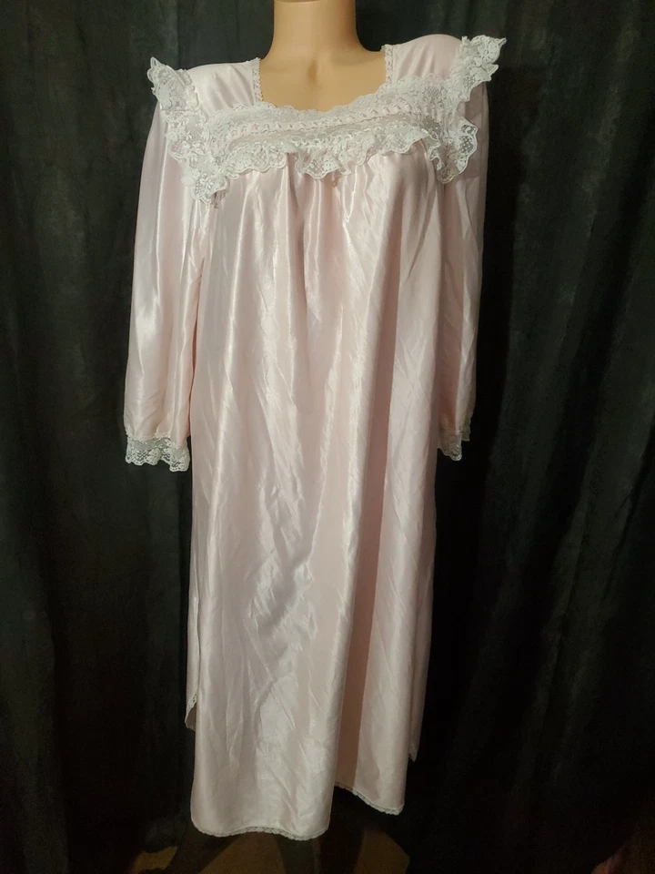Camisón Babydoll SEARS Años 80 ROSA BRILLANTE SATINADO Victoriano Volantes Encaje MED Foto 2 de 4