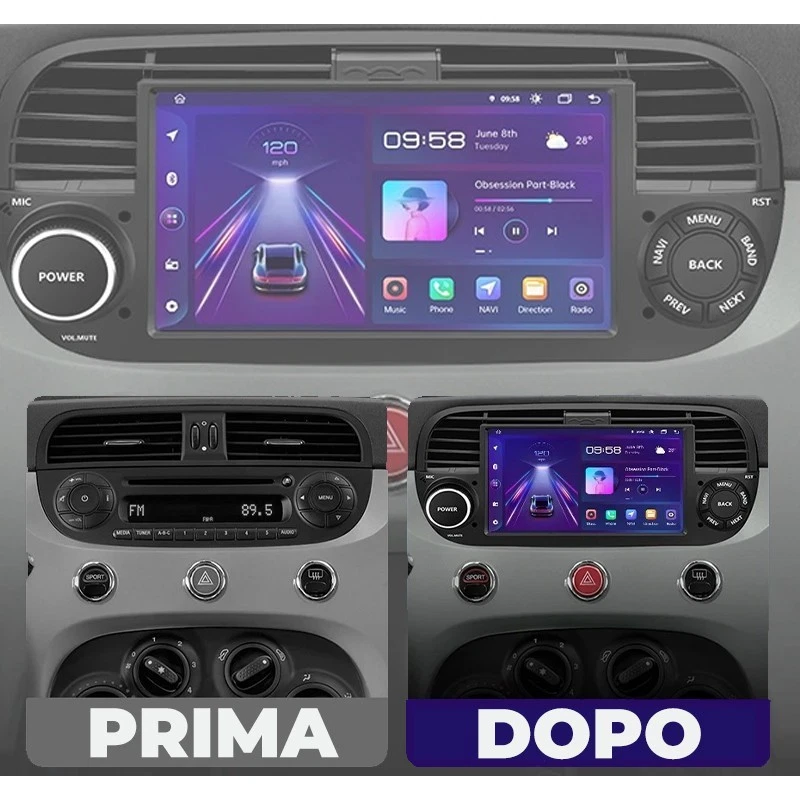 Autoradio 2 Din FIAT 500 (2007-2015) Android Auto CarPlay Wireless Bianca Nera - Immagine 2 di 4
