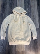 Women's M Beige Solid Fleece Hooded 1/4 Zip Pullover Hoodie Long Sleeve