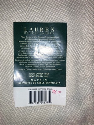 Lauren Ralph Lauren HARRISON CREAM 20'' x 20'' Napkins Set of 4 NEW