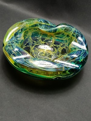 Mdina Art Glas Aschenbecher signiert Schmuckschale Schale grün blau gold 70er Vintage