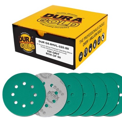 320 Grit 5'' Green Sanding Discs, 8-Hole, Box of 50 - Hook & Loop Sandpaper