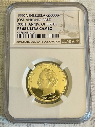 Venezuela 1990 Paez Bicentennial 5,000 Bolivares Gold NGC PF68 UC Sku# 5811