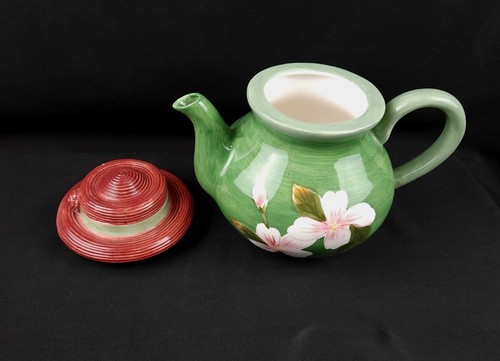 Teapot Handpainted Flowers Pink Bonnet Hat Lid WLC Green Ceramic #F3 - Picture 6 of 7