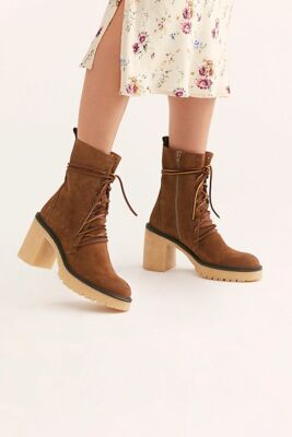 Free People Dylan Lace-Up Boots Taupe Brown Suede Chunky Platform