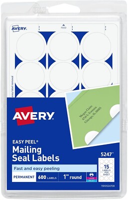 Avery Mailing Seals, 1'' Round Labels, White, 600 Printable Mailing Labels