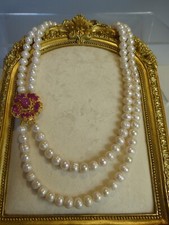 Fine Silver Gold Real Ruby Set Double Pearl Necklace