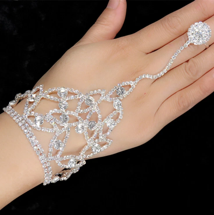 Rhinestone Crystal Leaf Chain Bracelet Finger Ring Hand Harness Wedding Dancing