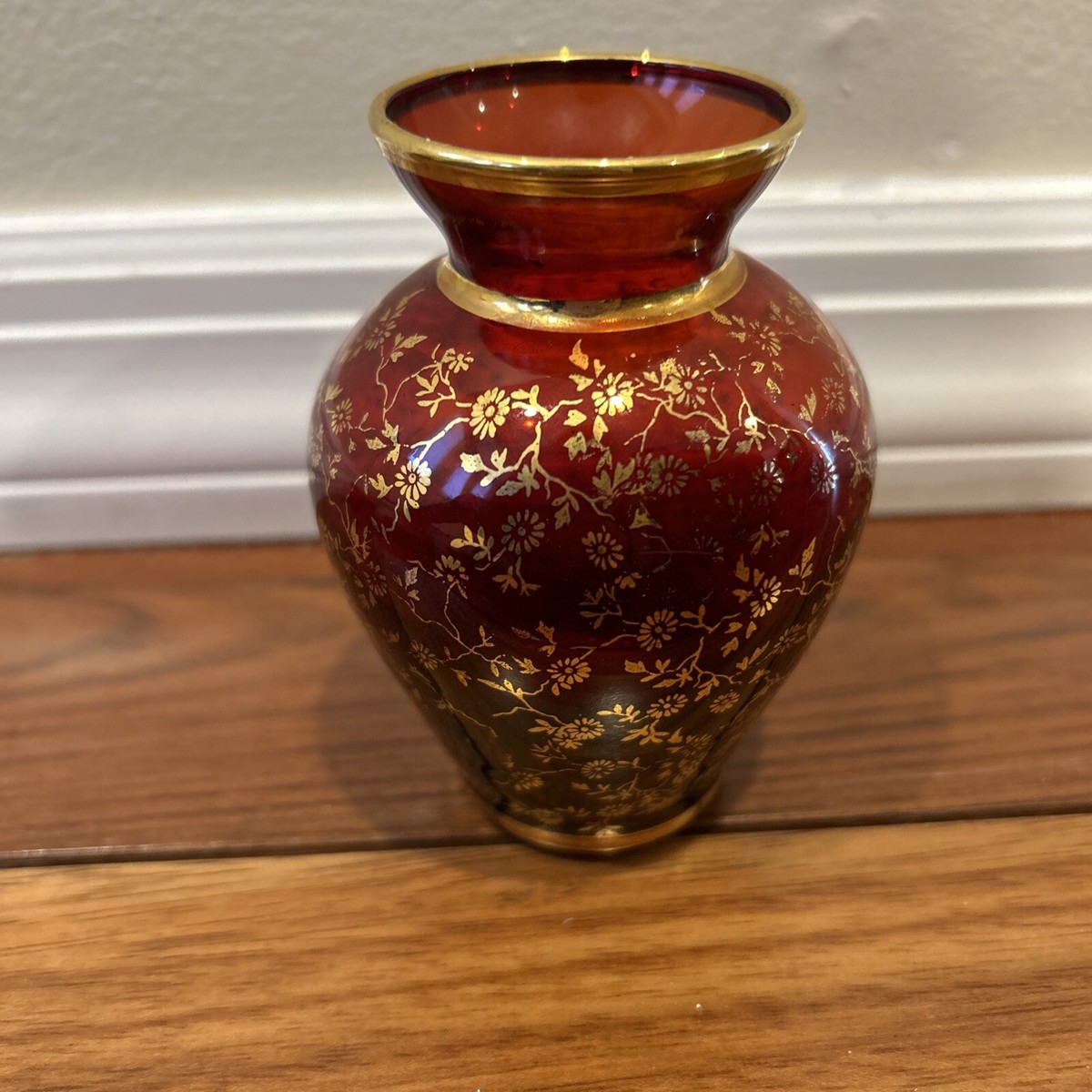 Vintage Murano Vase Hand Painted Gold 24K Italian Red Glass Made 