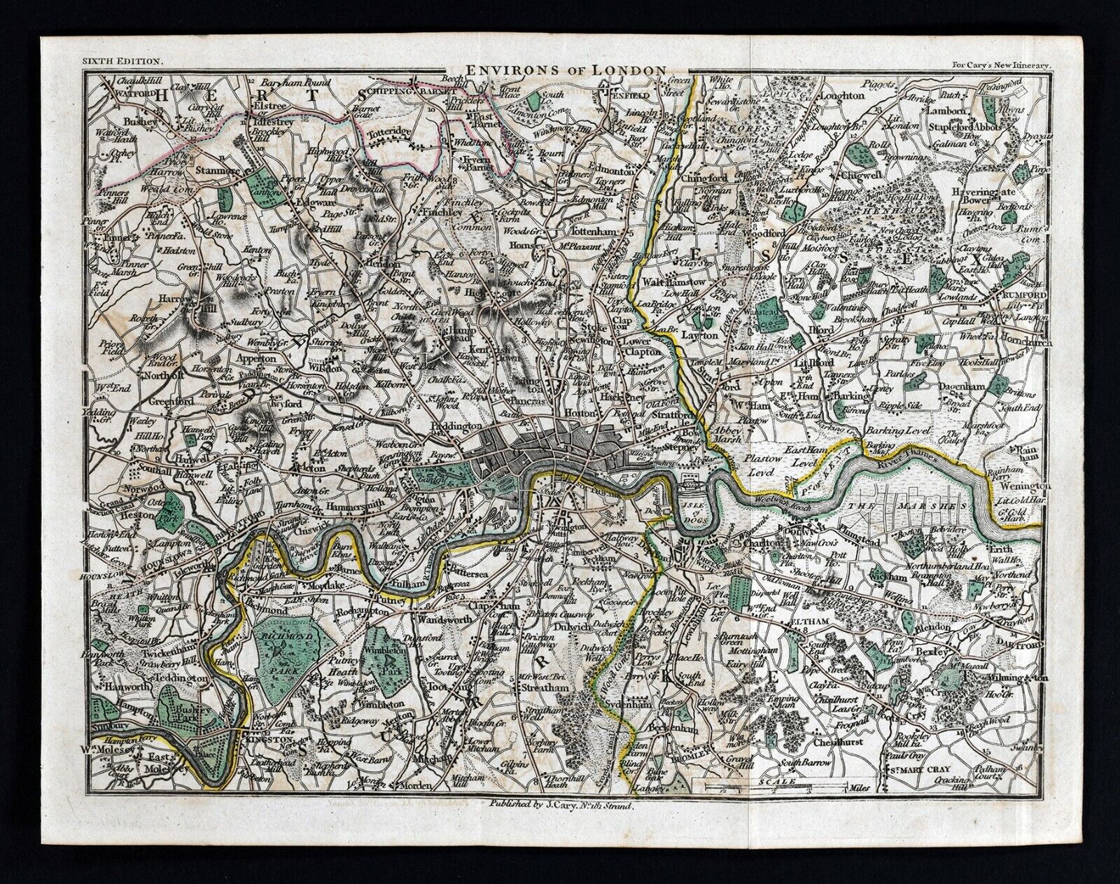 1814 John Cary Road Map London Thames River Kingston Kensington Woolwich England