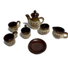 Miniature Mini Tea Set Cups Saucers Teapot Brown Wheat Pattern Doll Size