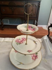 Rare Vintage Wood & Sons Pink Orchards & Bird Gilt Scalloped 3 Tier Cake Stand
