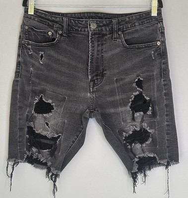 American Eagle Flex Herren W33 Distressed Denim Shorts schwarz grau zerrissen roher Saum