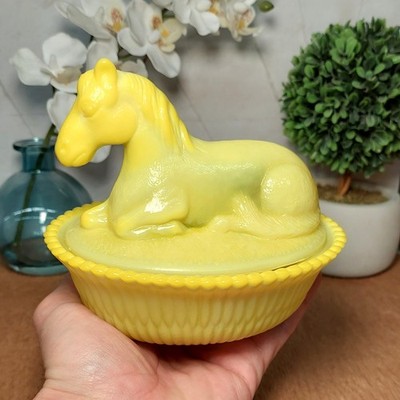 Yellow Depression Style Glass Pony Horse Candy Dish, Vintage Style, Jewelry Box