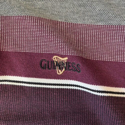 Guinness Mens Polo Shirt Large Burgundy Grey Black Striped Short Sleeve Cotton - Picture 3 of 8