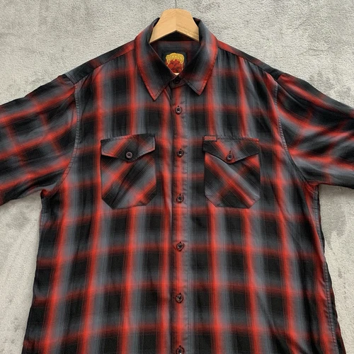 DIXXON CORAZON Shirt Men L Red Black Plaid Short Sleeve Bamboo Blend Button Down - Picture 4 of 7