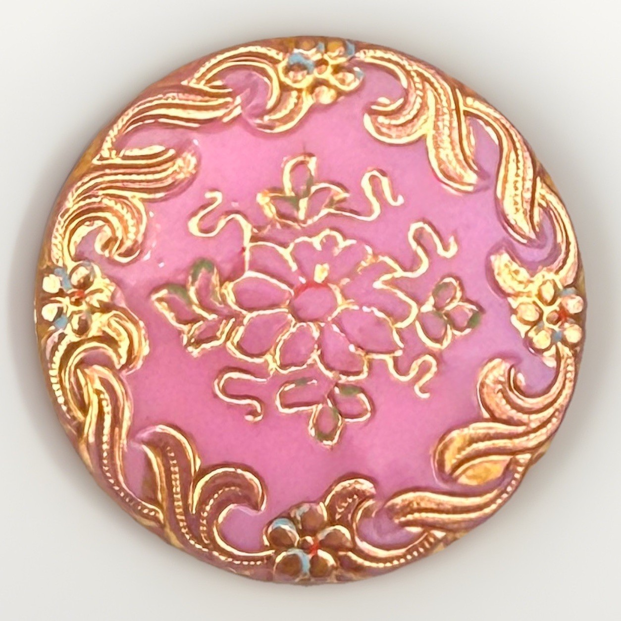 Victorian Glass Button - Unusual PINK Color, Incised Gold Luster Flowers Medium